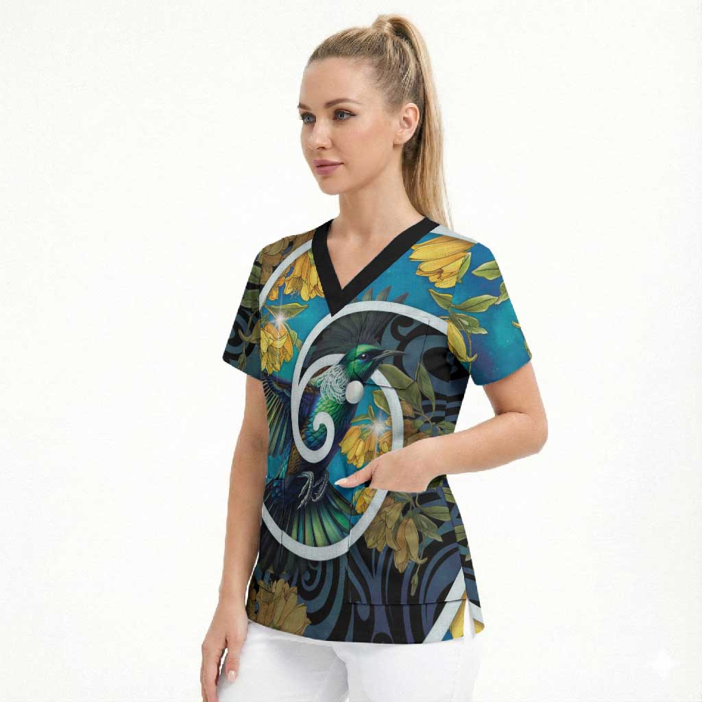 New Zealand Tui Bird Scrub Top Maori Koru With Kowhai Flowers