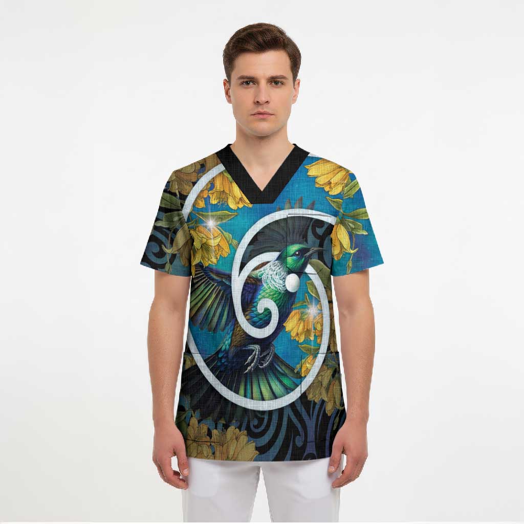 New Zealand Tui Bird Scrub Top Maori Koru With Kowhai Flowers