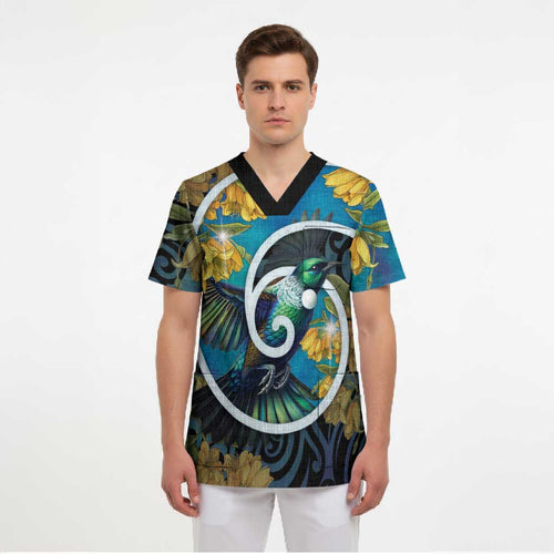 New Zealand Tui Bird Scrub Top Maori Koru With Kowhai Flowers