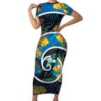 New Zealand Tui Bird Short Sleeve Bodycon Dress Maori Koru With Kowhai Flowers
