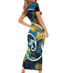 New Zealand Tui Bird Short Sleeve Bodycon Dress Maori Koru With Kowhai Flowers