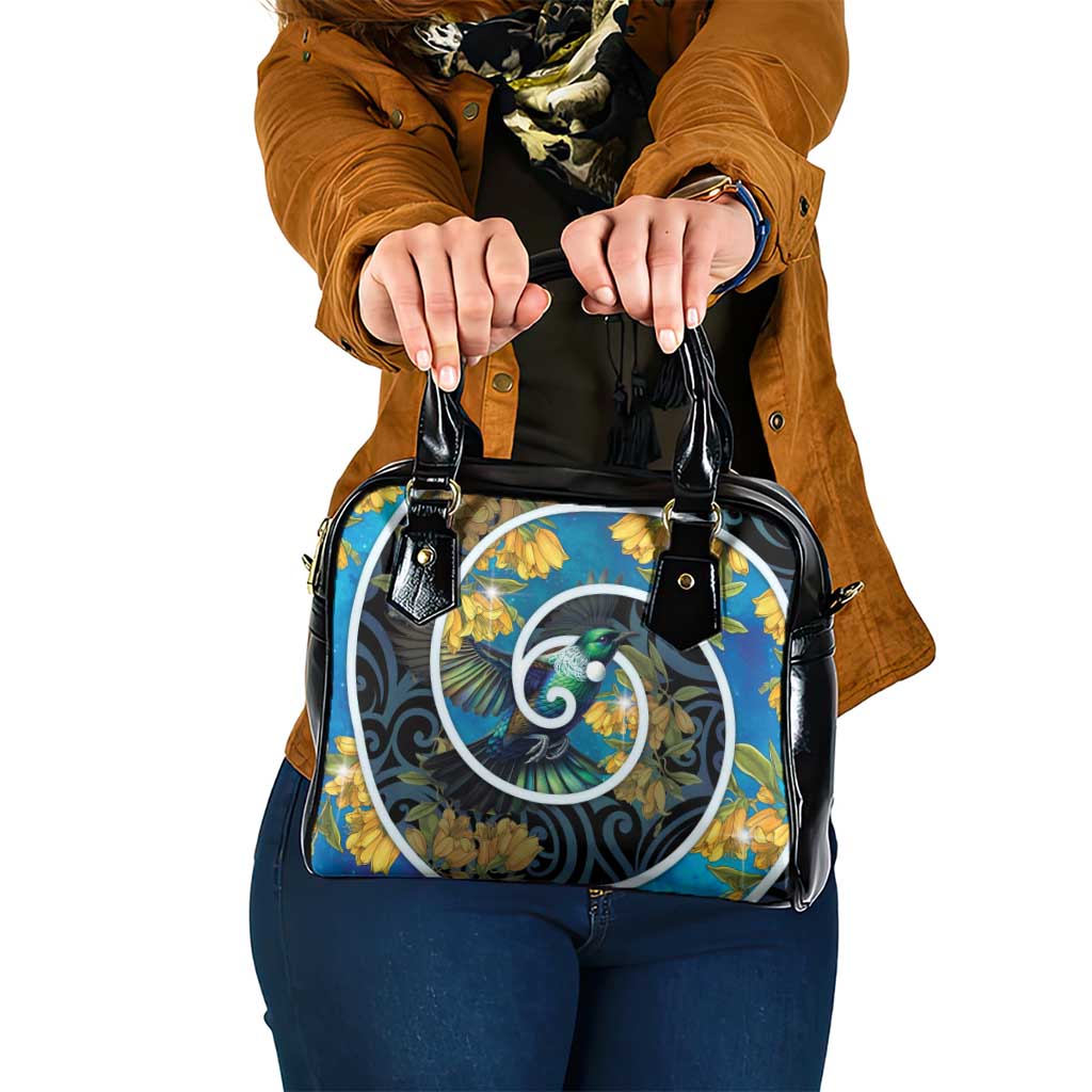 New Zealand Tui Bird Shoulder Handbag Maori Koru With Kowhai Flowers