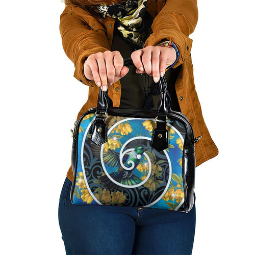 New Zealand Tui Bird Shoulder Handbag Maori Koru With Kowhai Flowers