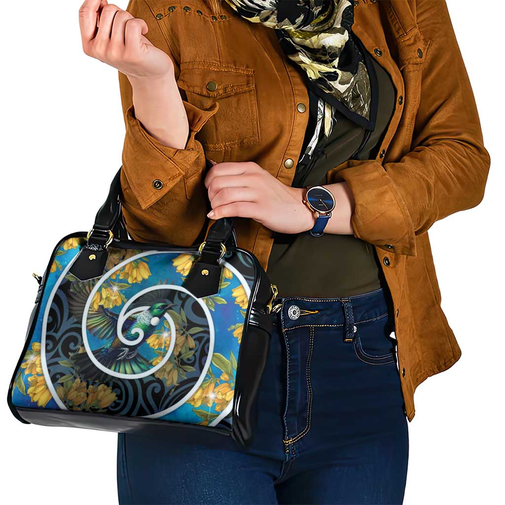 New Zealand Tui Bird Shoulder Handbag Maori Koru With Kowhai Flowers