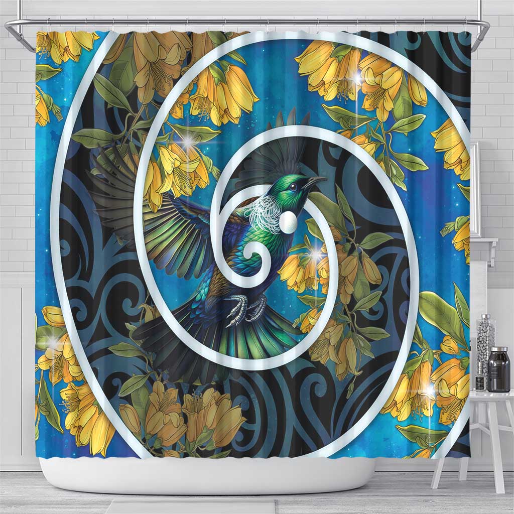 New Zealand Tui Bird Shower Curtain Maori Koru With Kowhai Flowers