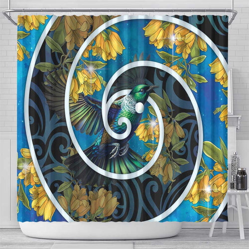 New Zealand Tui Bird Shower Curtain Maori Koru With Kowhai Flowers