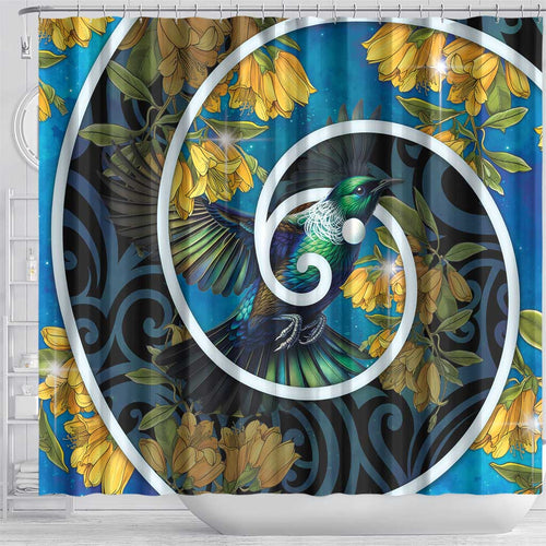 New Zealand Tui Bird Shower Curtain Maori Koru With Kowhai Flowers