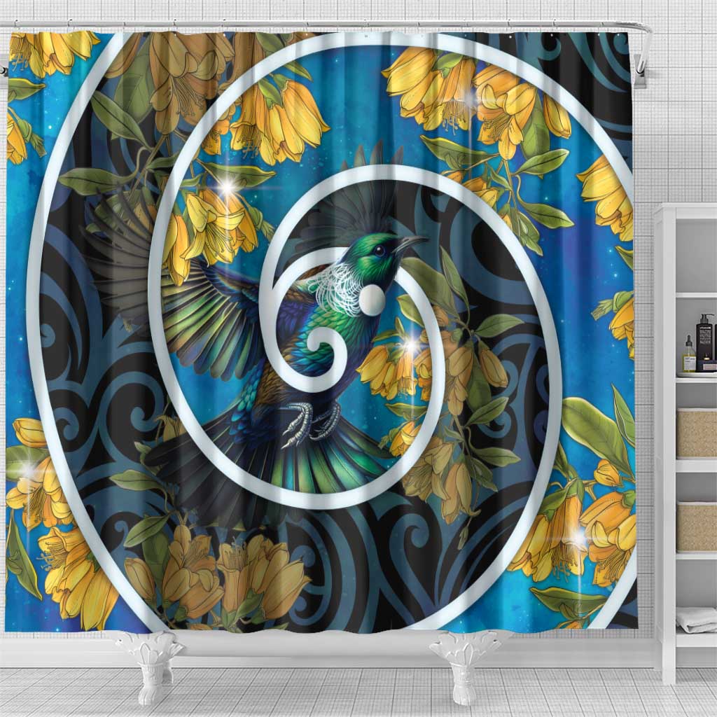 New Zealand Tui Bird Shower Curtain Maori Koru With Kowhai Flowers