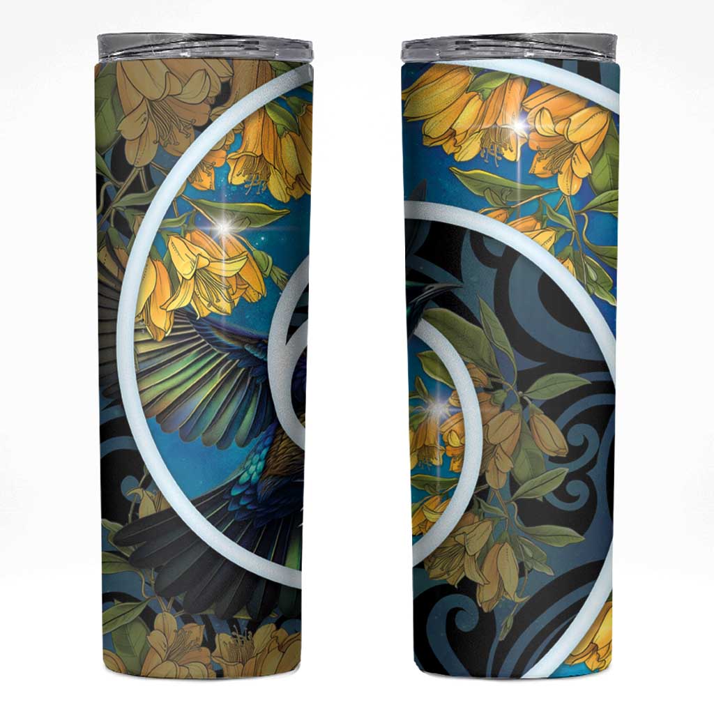 New Zealand Tui Bird Skinny Tumbler Maori Koru With Kowhai Flowers