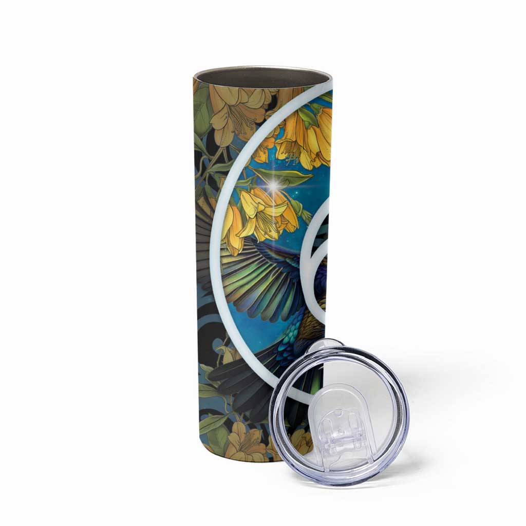 New Zealand Tui Bird Skinny Tumbler Maori Koru With Kowhai Flowers