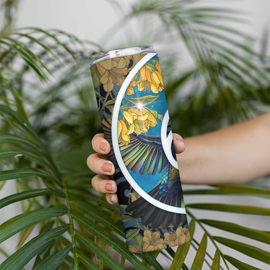 New Zealand Tui Bird Skinny Tumbler Maori Koru With Kowhai Flowers