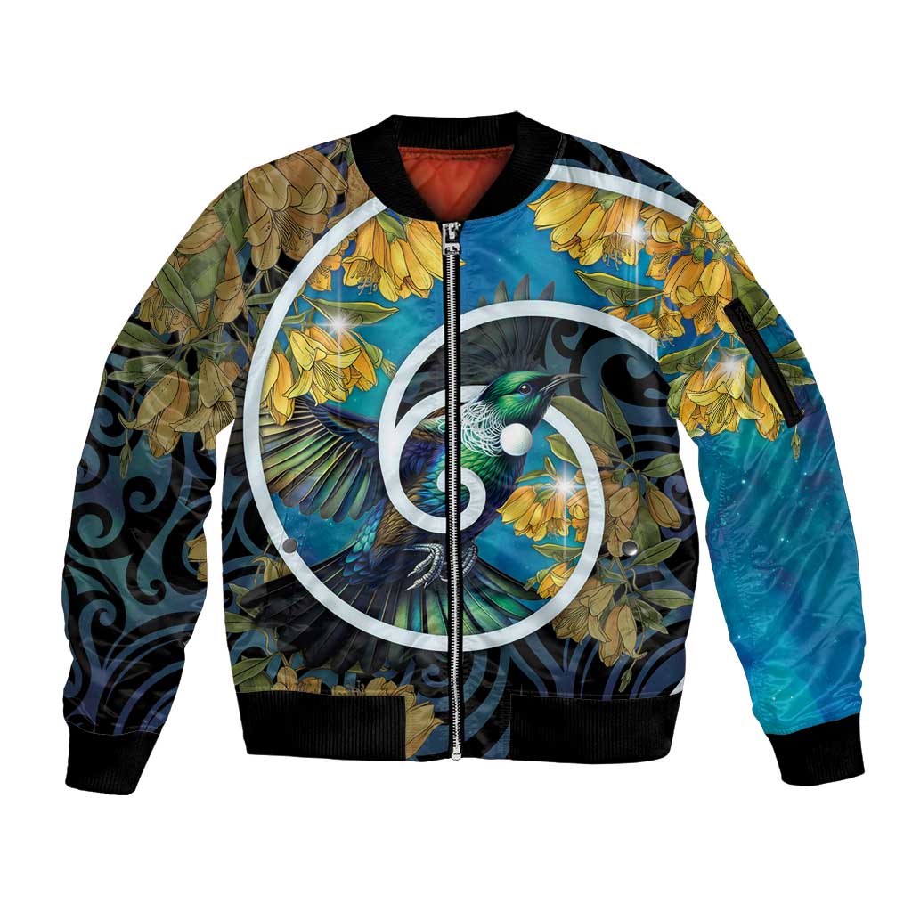 New Zealand Tui Bird Sleeve Zip Bomber Jacket Maori Koru With Kowhai Flowers