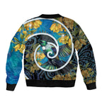New Zealand Tui Bird Sleeve Zip Bomber Jacket Maori Koru With Kowhai Flowers
