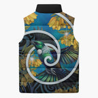 New Zealand Tui Bird Sleeveless Puffer Jacket Maori Koru With Kowhai Flowers