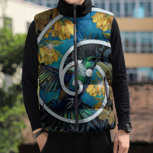 New Zealand Tui Bird Sleeveless Puffer Jacket Maori Koru With Kowhai Flowers