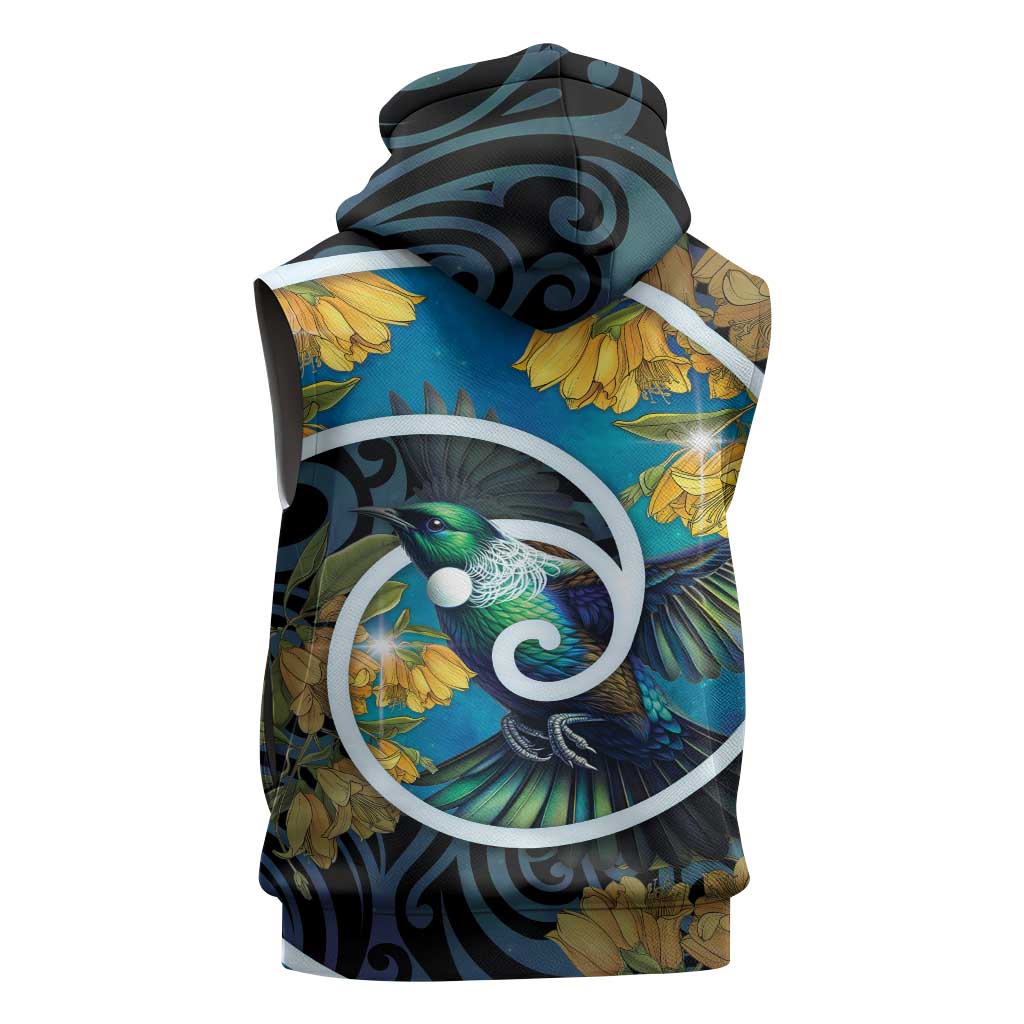 New Zealand Tui Bird Sleeveless Zip Hoodie Maori Koru With Kowhai Flowers
