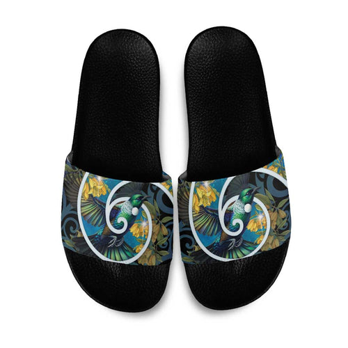 New Zealand Tui Bird Slide Sandals Maori Koru With Kowhai Flowers