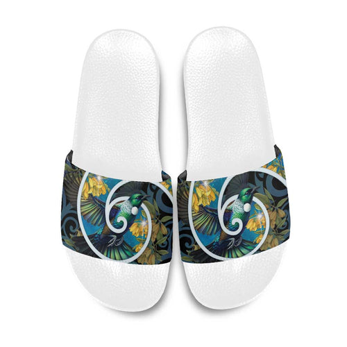 New Zealand Tui Bird Slide Sandals Maori Koru With Kowhai Flowers