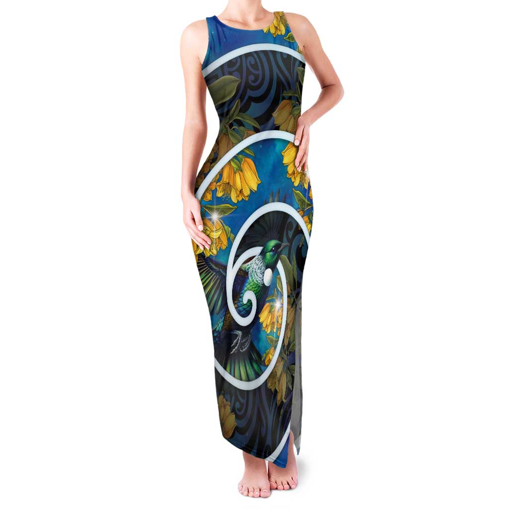 New Zealand Tui Bird Tank Maxi Dress Maori Koru With Kowhai Flowers