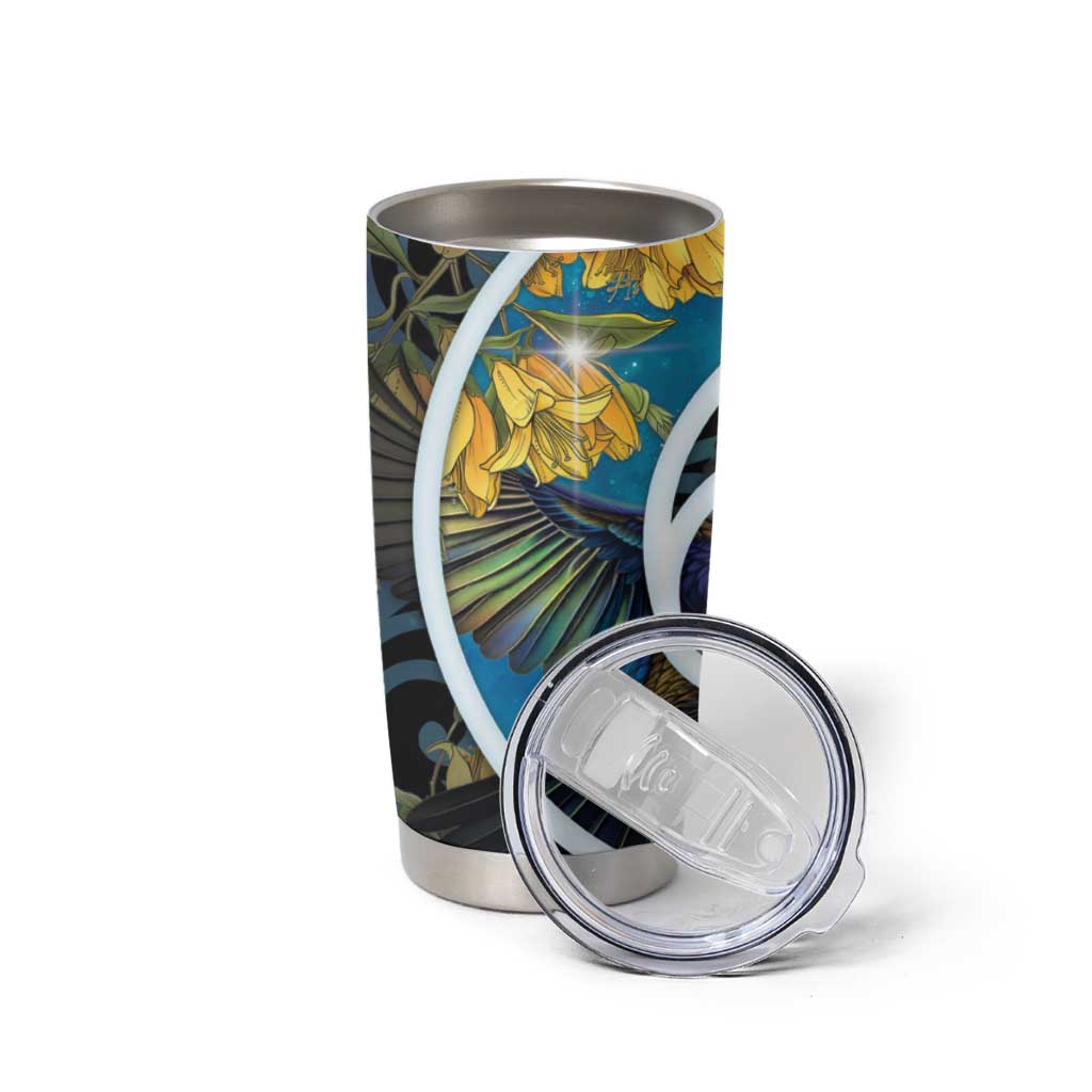 New Zealand Tui Bird Tumbler Cup Maori Koru With Kowhai Flowers