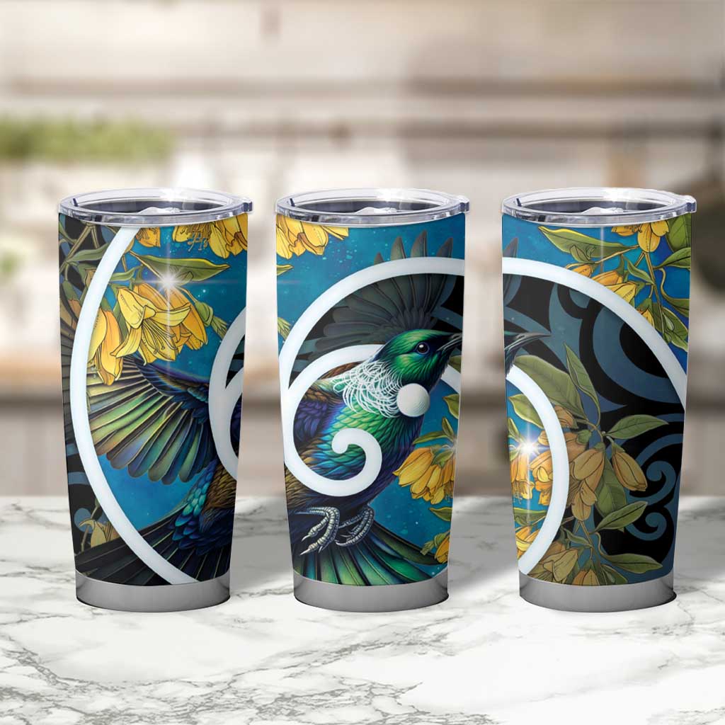 New Zealand Tui Bird Tumbler Cup Maori Koru With Kowhai Flowers