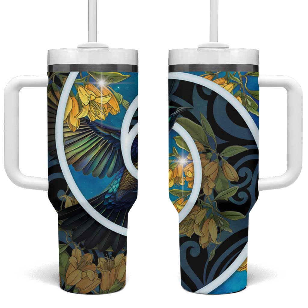 New Zealand Tui Bird Tumbler With Handle Maori Koru With Kowhai Flowers