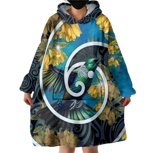 New Zealand Tui Bird Wearable Blanket Hoodie Maori Koru With Kowhai Flowers
