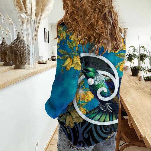 New Zealand Tui Bird Women Casual Shirt Maori Koru With Kowhai Flowers