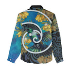 New Zealand Tui Bird Women Casual Shirt Maori Koru With Kowhai Flowers