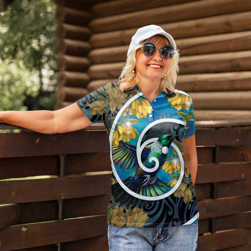 New Zealand Tui Bird Women Polo Shirt Maori Koru With Kowhai Flowers