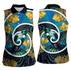 New Zealand Tui Bird Women Sleeveless Polo Shirt Maori Koru With Kowhai Flowers