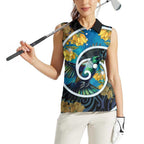 New Zealand Tui Bird Women Sleeveless Polo Shirt Maori Koru With Kowhai Flowers
