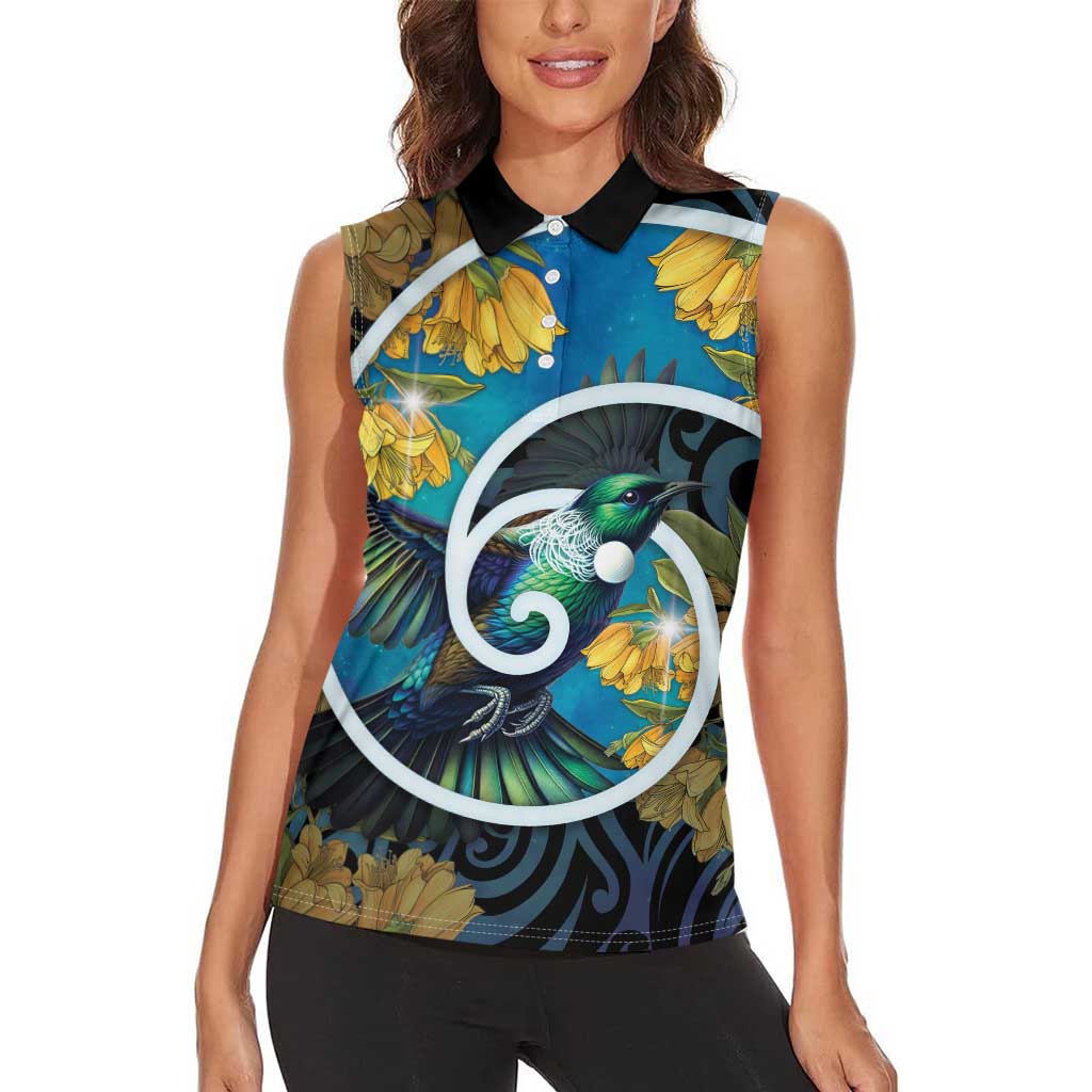 New Zealand Tui Bird Women Sleeveless Polo Shirt Maori Koru With Kowhai Flowers