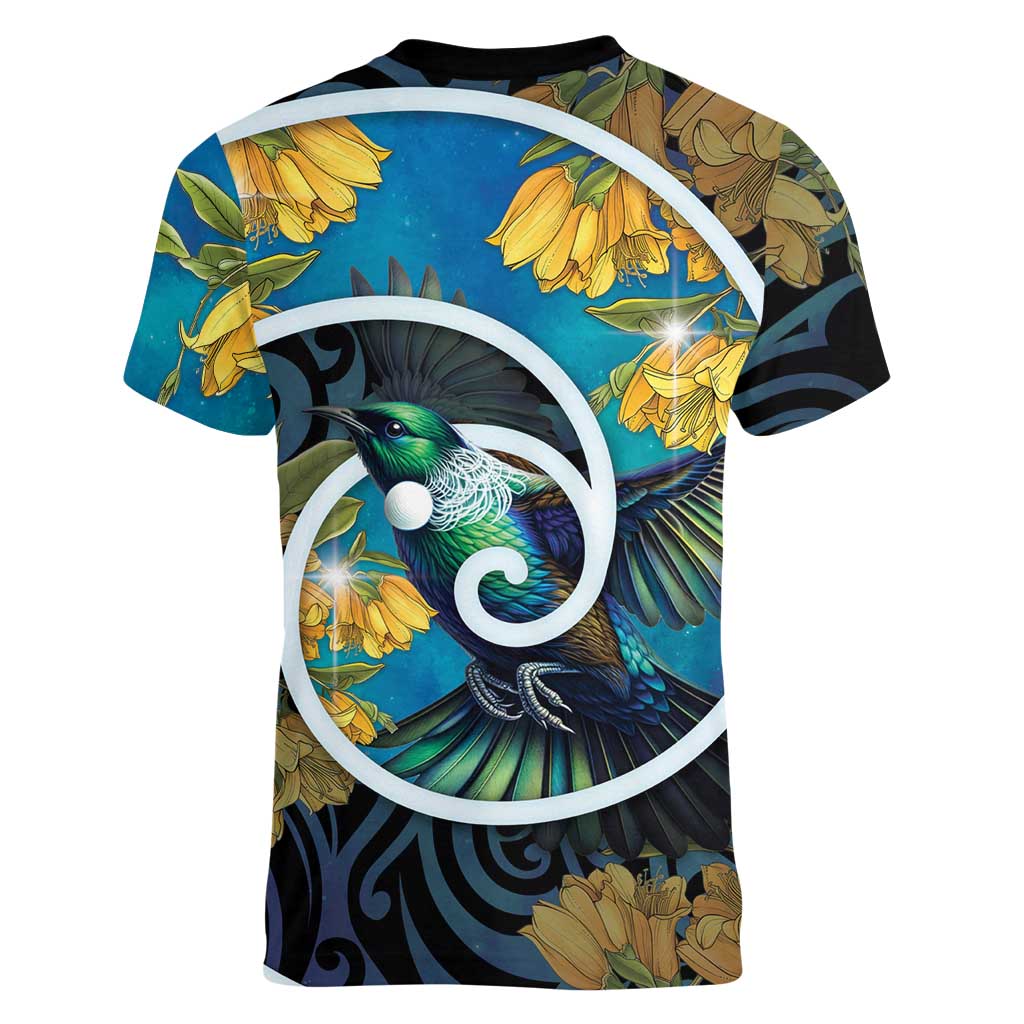 New Zealand Tui Bird Women V-Neck T-Shirt Maori Koru With Kowhai Flowers