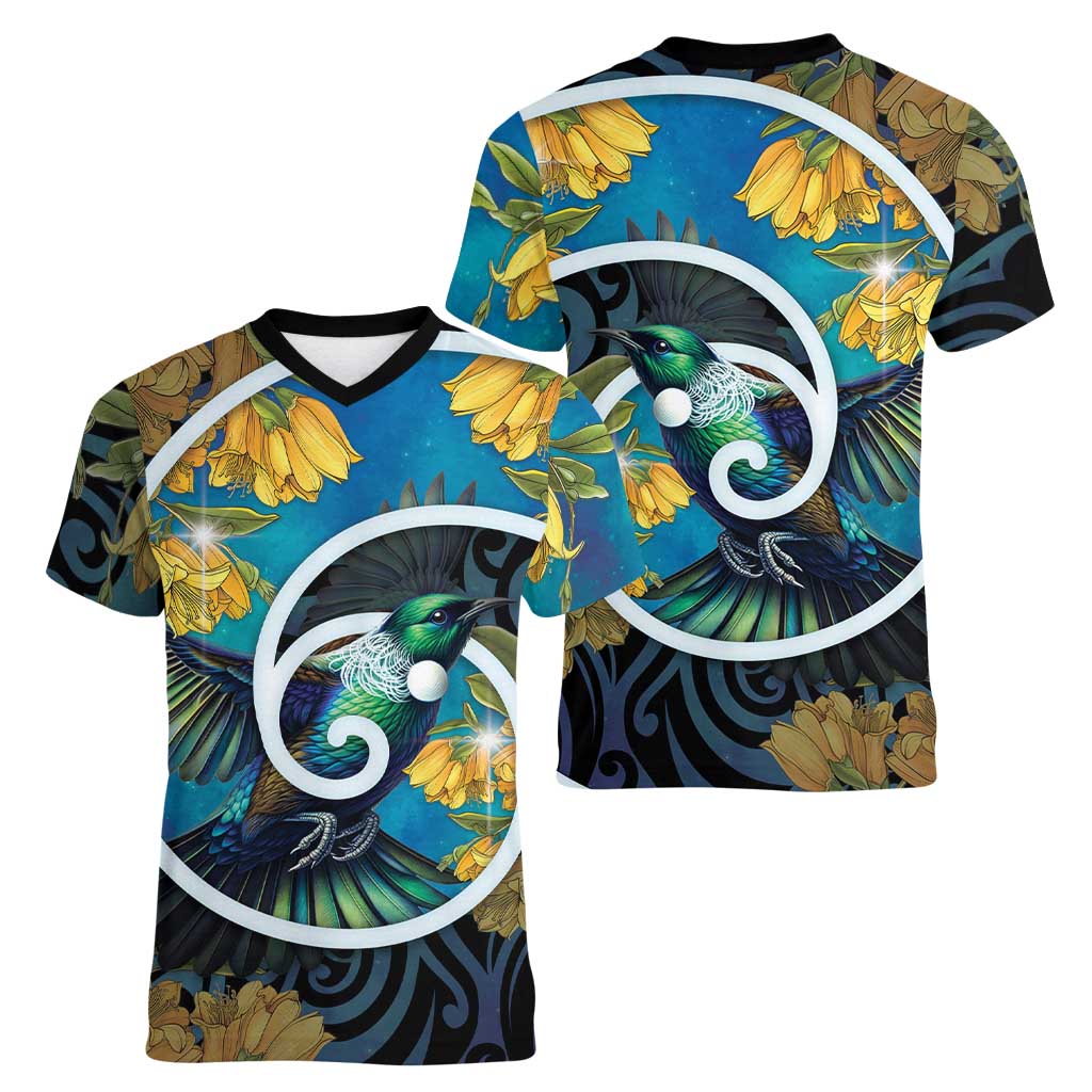New Zealand Tui Bird Women V-Neck T-Shirt Maori Koru With Kowhai Flowers