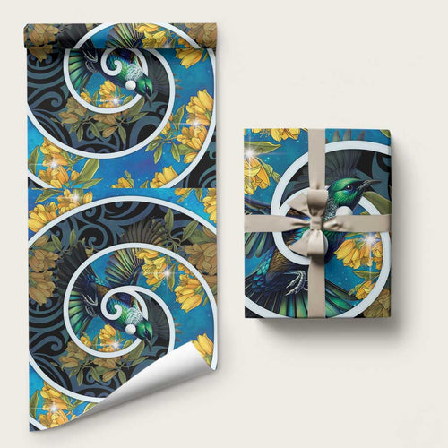 New Zealand Tui Bird Wrapping Paper Maori Koru With Kowhai Flowers