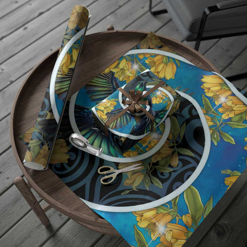 New Zealand Tui Bird Wrapping Paper Maori Koru With Kowhai Flowers