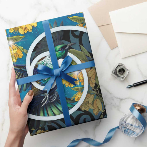 New Zealand Tui Bird Wrapping Paper Maori Koru With Kowhai Flowers