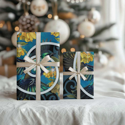 New Zealand Tui Bird Wrapping Paper Maori Koru With Kowhai Flowers