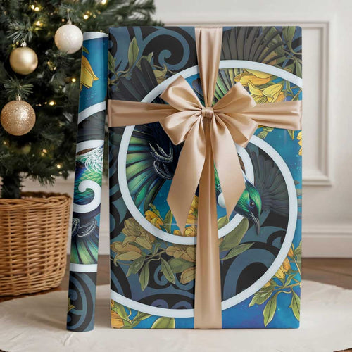 New Zealand Tui Bird Wrapping Paper Maori Koru With Kowhai Flowers