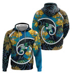 New Zealand Tui Bird Zip Hoodie Maori Koru With Kowhai Flowers