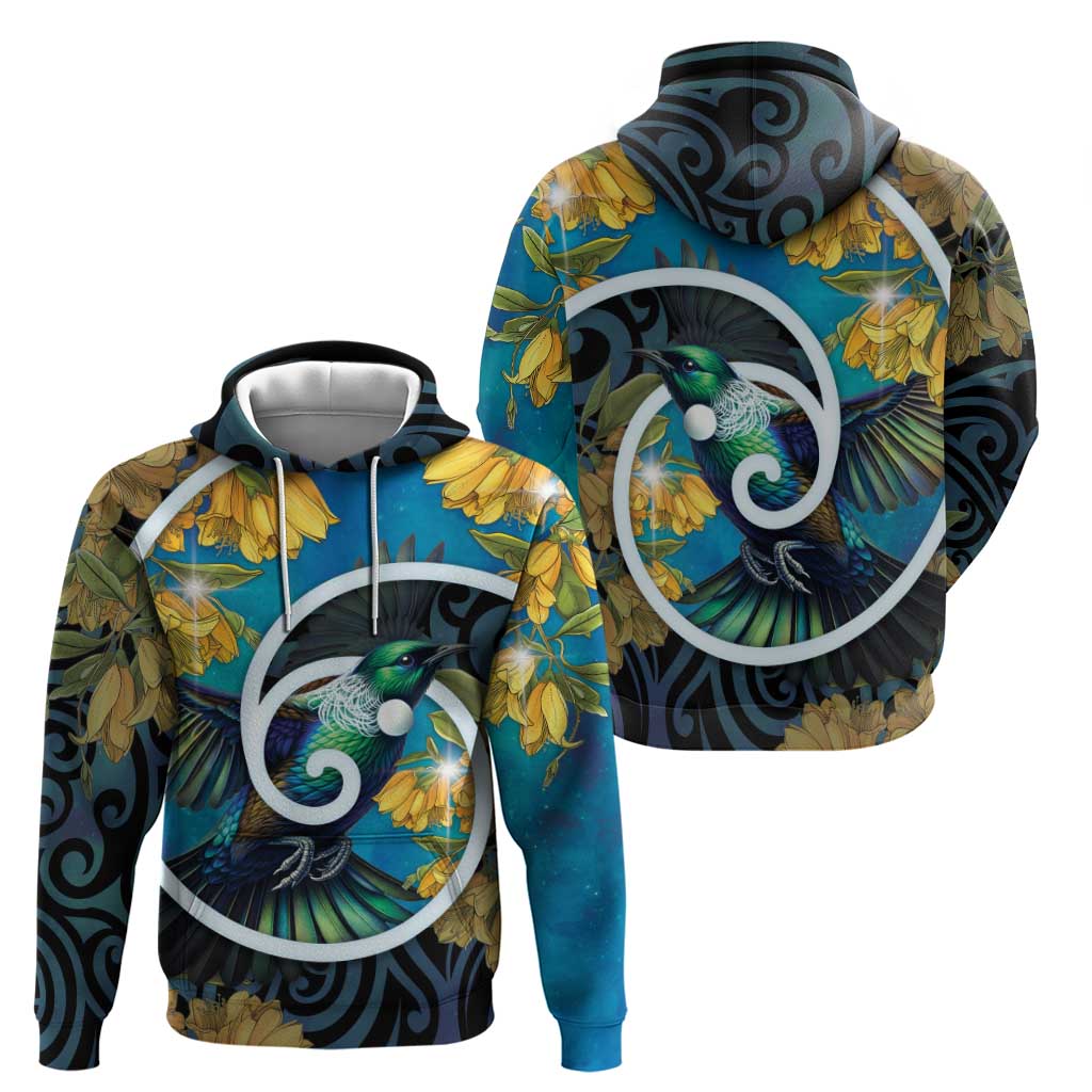 New Zealand Tui Bird Zip Hoodie Maori Koru With Kowhai Flowers