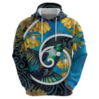 New Zealand Tui Bird Zip Hoodie Maori Koru With Kowhai Flowers