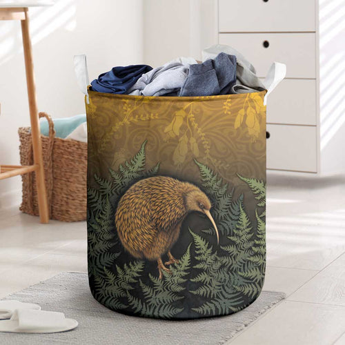 New Zealand Kiwi Bird Laundry Basket Silver Fern Mix Maori Pattern