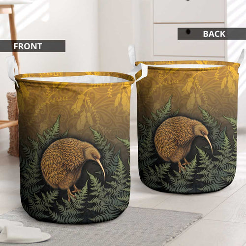 New Zealand Kiwi Bird Laundry Basket Silver Fern Mix Maori Pattern