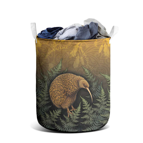 New Zealand Kiwi Bird Laundry Basket Silver Fern Mix Maori Pattern