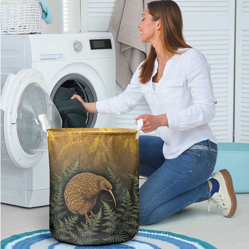 New Zealand Kiwi Bird Laundry Basket Silver Fern Mix Maori Pattern