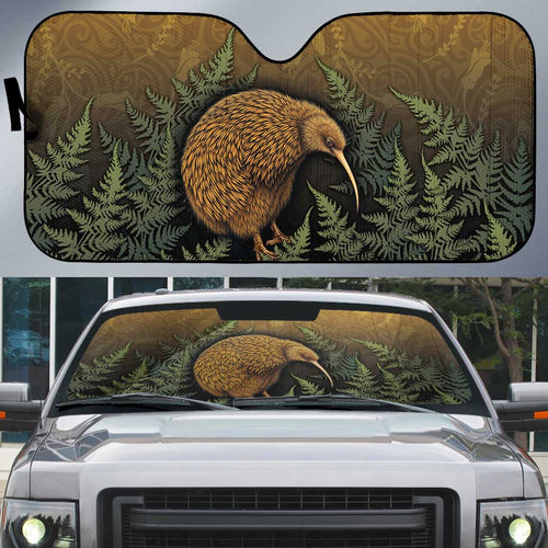 New Zealand Kiwi Bird Auto Sun Shade Silver Fern Mix Maori Pattern