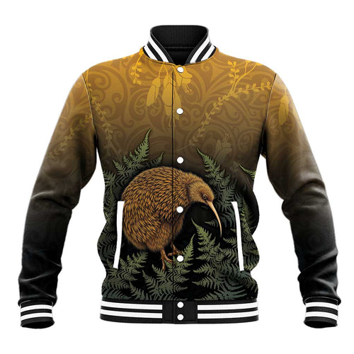New Zealand Kiwi Bird Baseball Jacket Silver Fern Mix Maori Pattern