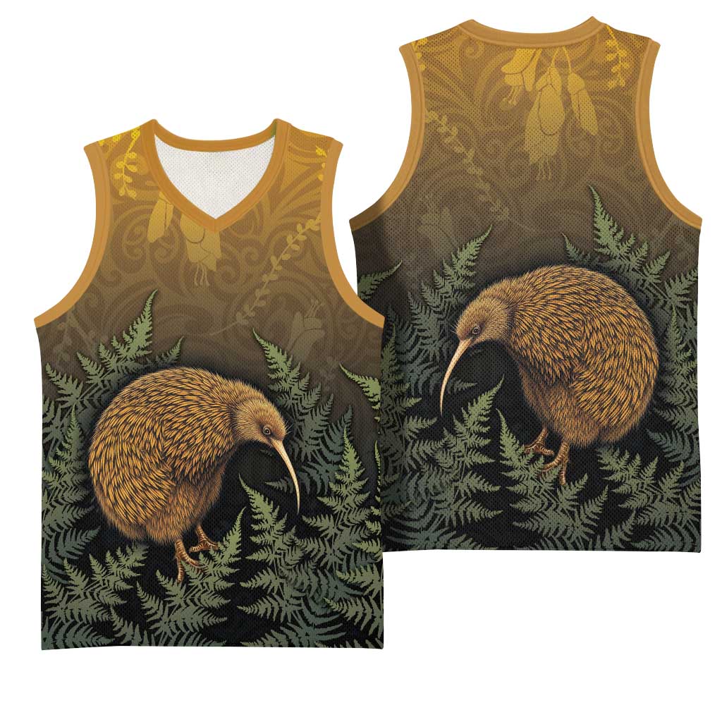 New Zealand Kiwi Bird Basketball Jersey Silver Fern Mix Maori Pattern
